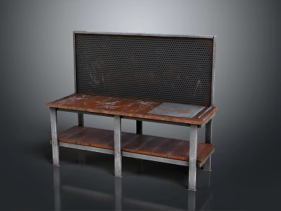 Rustic Workbench With Worn Wooden Top Metal Mesh Backboard Metal Legs And Lower Shelf 3d model