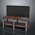 Rustic Workbench With Worn Wooden Top Metal Mesh Backboard Metal Legs And Lower Shelf