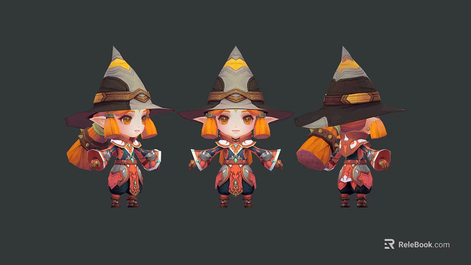 Cartoon Wizard Character 3D Design Showcasing Pointed Hat Orange Hair Patterned Costume And Various Poses 3d model