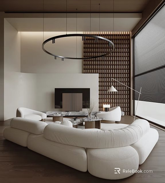 Duplex Living Room Interior With Large White Sofa Circular Pendant Light Wooden Wall And Fireplace 3d model 