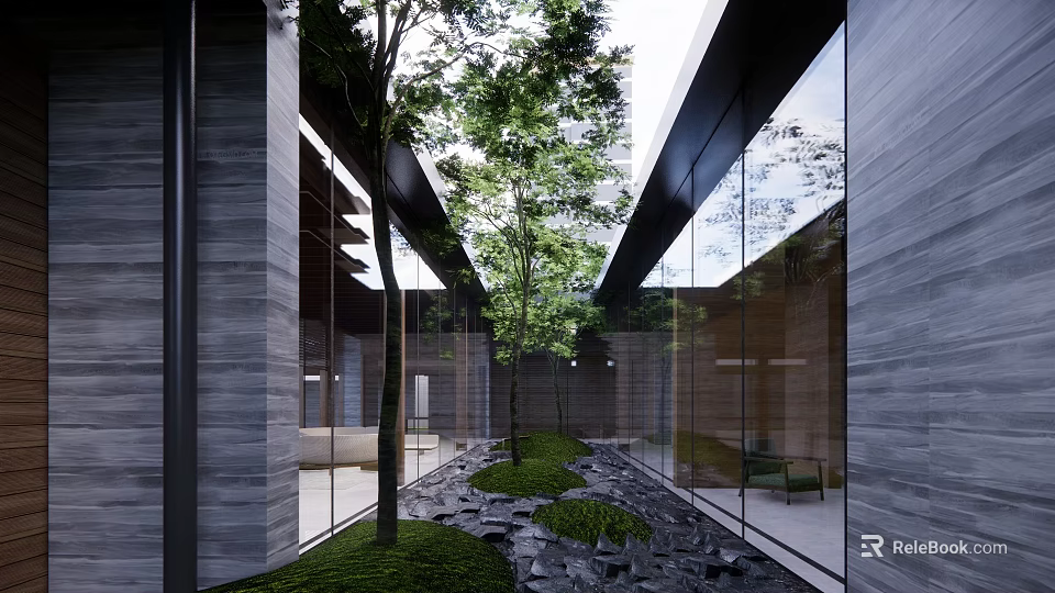 Indoor Garden Landscape With Modern Glass Walls Trees And Stone Path Elements 3d model