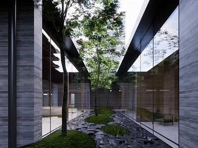 Indoor Garden Landscape With Modern Glass Walls Trees And Stone Path Elements 3d model