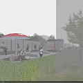 Ancient Traditional Architecture Courtyard with Gray Tile Roof Red Umbrella Seating Trees Pedestrians and Vehicles