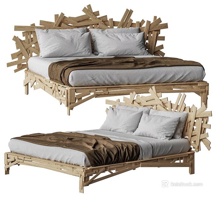 Double Bed With Wooden Frame Unique Headboard Design White Pillows And Brown Blanket 3d model 