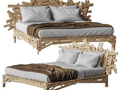 Double Bed With Wooden Frame Unique Headboard Design White Pillows And Brown Blanket 3d model