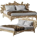 Double Bed With Wooden Frame Unique Headboard Design White Pillows And Brown Blanket