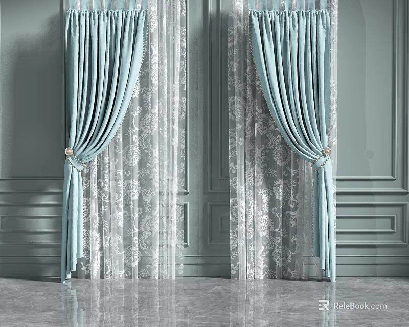 Light Blue Curtains With Lace Sheer Panels And Tiebacks On Grey Paneled Wall 3d model 