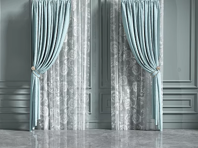 Light Blue Curtains With Lace Sheer Panels And Tiebacks On Grey Paneled Wall 3d model