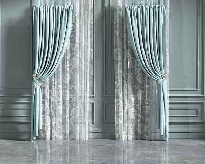 Light Blue Curtains With Lace Sheer Panels And Tiebacks On Grey Paneled Wall 3d model
