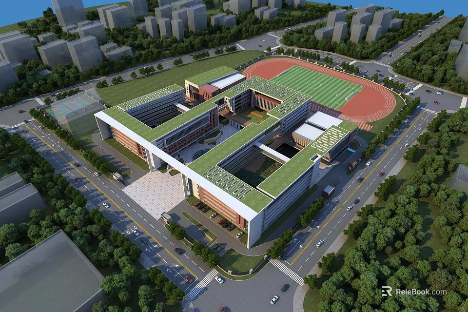 Modern School Building Design With Green Roof Sports Field And Surrounding Trees 3d model 