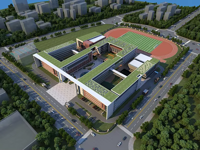Modern School Building Design With Green Roof Sports Field And Surrounding Trees 3d model