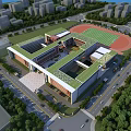 Modern School Building Design With Green Roof Sports Field And Surrounding Trees