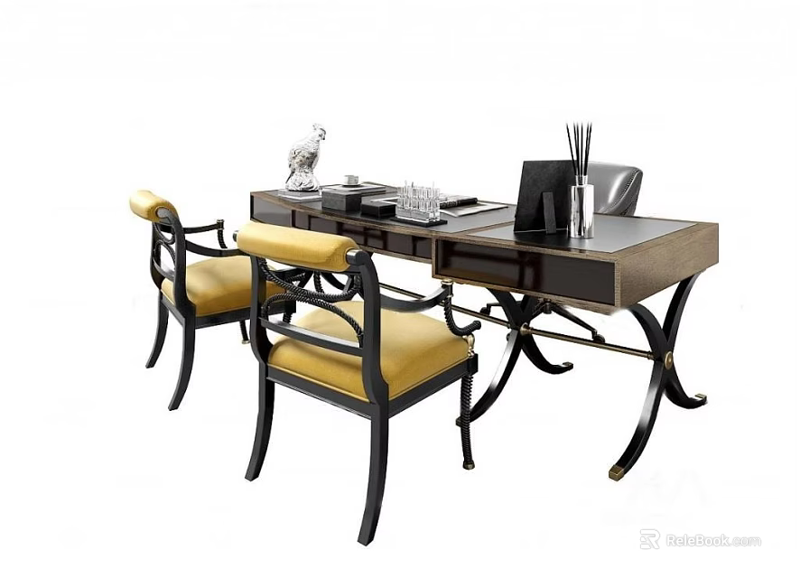 Elegant Dark Wood Desk With Two Yellow Cushioned Chairs Decorative Figurine Pen Holder And Books 3d model 