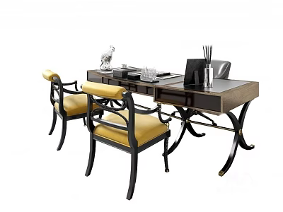 Elegant Dark Wood Desk With Two Yellow Cushioned Chairs Decorative Figurine Pen Holder And Books 3d model