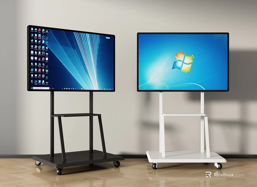 Office Appliances Two Display Monitors With Rolling Stands And Windows Interface 3d model 