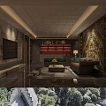 Luxury Clubhouse Interior With Elevators Golden Accents Marble Flooring And Dark Walls