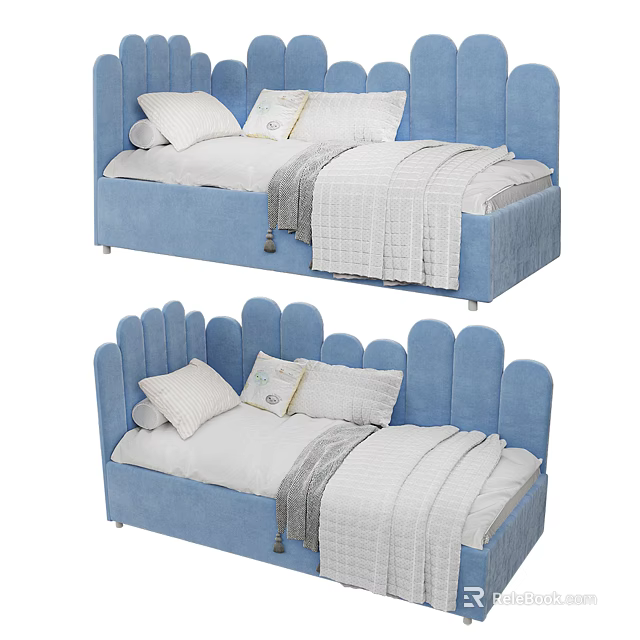 Modern Blue Bed With Different Headboard Designs White Pillows And Gray Blanket 3d model 