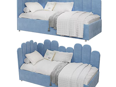 Modern Blue Bed With Different Headboard Designs White Pillows And Gray Blanket 3d model