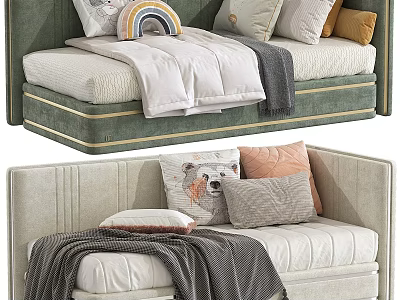 Elegant Green And Beige Sofa Designs With Tufted Details Gold Trim Pillows And Blankets 3d model