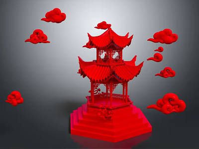 Cartoon Scene Featuring Red Chinese Pavilion Surrounded by Floating Red Clouds Against Gray Background 3d model
