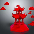 Cartoon Scene Featuring Red Chinese Pavilion Surrounded by Floating Red Clouds Against Gray Background