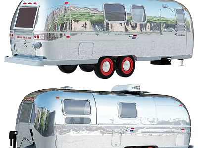 Shiny Silver Vintage Trailer With Shiny Exterior Red Wheels And Classic Design 3d model