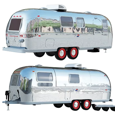 Shiny Silver Vintage Trailer With Shiny Exterior Red Wheels And Classic Design 3d model
