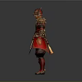 Detailed Game Movie Character in Red Ornate Armor with Golden Intricate Patterns and Decorative Helmet
