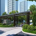 Covered Entrance Gate With Trees Modern Building Background And Pedestrians On Paved Ground