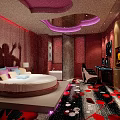 Hotel Room Interior With Round Bed Pink Red Tones Decorative Walls And Patterned Carpet