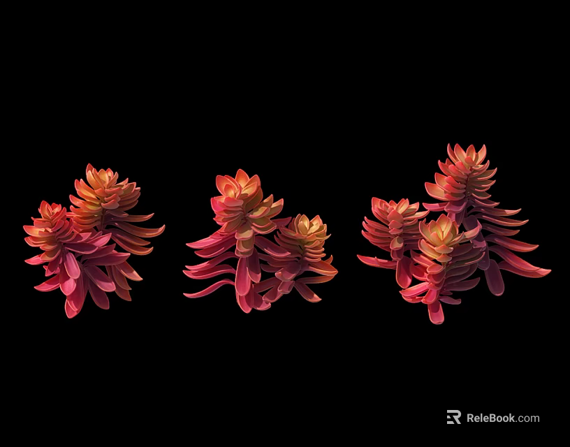 Vibrant Red and Orange Bonsai Potted Plants with Layered Leaves on Black Background 3d model 