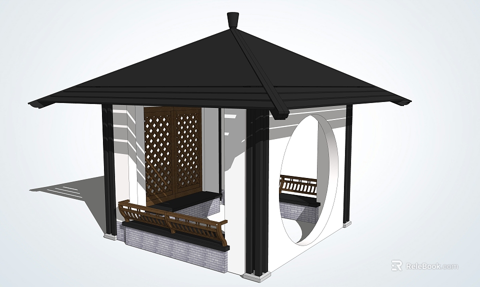 Chinese Style Pavilion With Black Roof Lattice Door Circular Window And Bench 3d model 