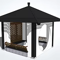 Chinese Style Pavilion With Black Roof Lattice Door Circular Window And Bench