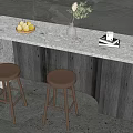 Contemporary Bar Counter With Concrete Top Wooden Stools Potted Plant And Fresh Fruits