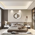 Modern Bedroom Interior Design With Gray Beige Bedding Open Wardrobe And Round Decorative Wall Art