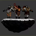 Three Characters in Decorative Gear with Flame Feather Decorations Standing on Snowy Rock Platform