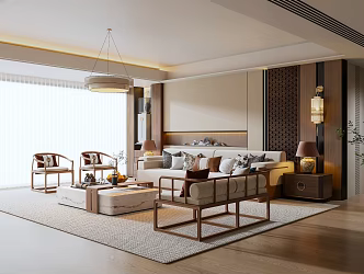 New Chinese Living Room New Chinese Background Wall New Chinese Sofa Coffee Table Combination Wall Lamp 3d model