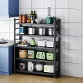 Black Multi Tiered Bathroom Cabinet Shelf With Organized Storage Items And Tile Wall Background