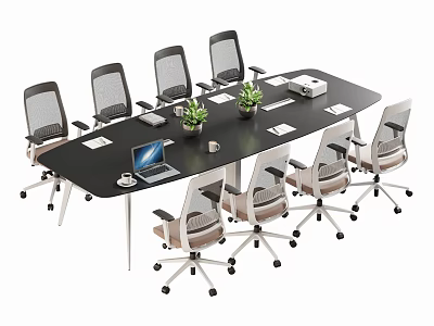 Black Conference Table With Wheeled Office Chairs Green Plants Laptop Documents And Tissue Box 3d model