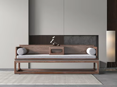 Modern Chinese Wooden Arhat Bed Interior With Cushions And Side Table 3d model