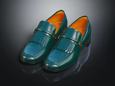 Green Leather Loafers With Fringe Detail And Orange Lining For Elegant Formal Wear 3d model