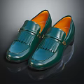 Green Leather Loafers With Fringe Detail And Orange Lining For Elegant Formal Wear