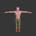 Shirtless Man With Camouflage Pants And Boots Standing With Arms Outstretched Against Gray Background