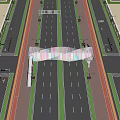 Modern Pedestrian Bridge Featuring Colorful Striped Mesh Design Over Road with Vehicles and Greenery