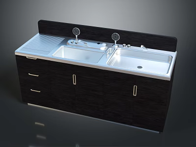 Dark Wooden Kitchen Sink Cabinet With Double Sink Silver Faucet Drawers And Countertop 3d model