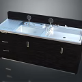 Dark Wooden Kitchen Sink Cabinet With Double Sink Silver Faucet Drawers And Countertop