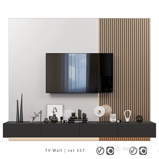 Modern Minimalist TV Background Wall With White Vertical Wooden Strip And TV Stand Decorative Items 3d model 