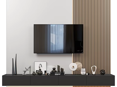 Modern Minimalist TV Background Wall With White Vertical Wooden Strip And TV Stand Decorative Items 3d model