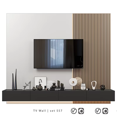 Modern Minimalist TV Background Wall With White Vertical Wooden Strip And TV Stand Decorative Items 3d model