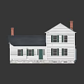 Two Story Detached House with White Exterior Blue Roof Red Chimneys and Green Shutters